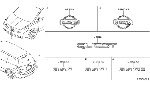 2004 Nissan Quest Emblem & Name Label Diagram