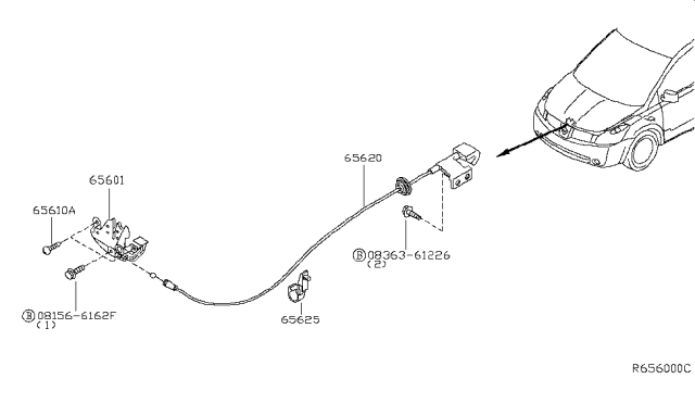 2010 Nissan Quest Cable Hood Lock Diagram for 65621-5Z00A