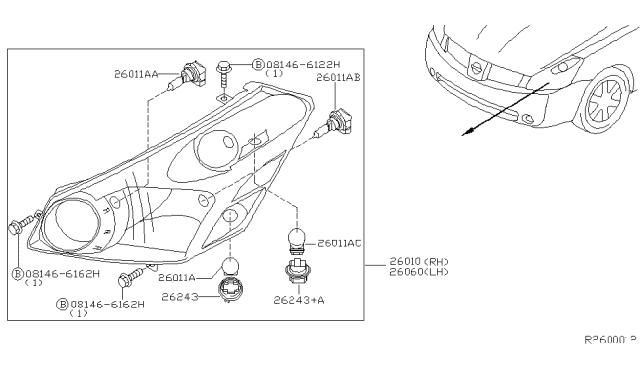 2010 Nissan Quest Driver Side Headlight Assembly Diagram for 26060-5Z001