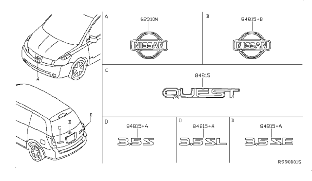 2009 Nissan Quest Emblem & Name Label Diagram