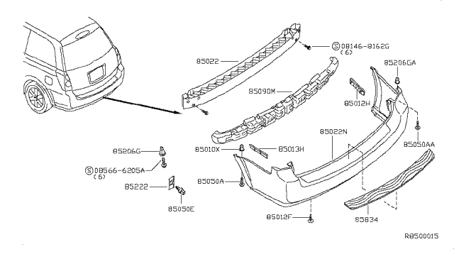 2007 Nissan Quest Rear Bumper Cover Diagram for 85022-5Z200