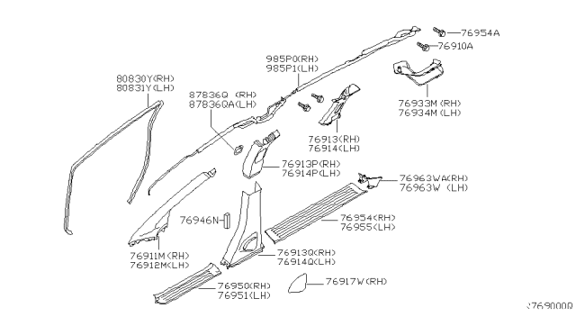 2005 Nissan Quest Garnish-Center Pillar,Upper RH Diagram for 76913-5Z102