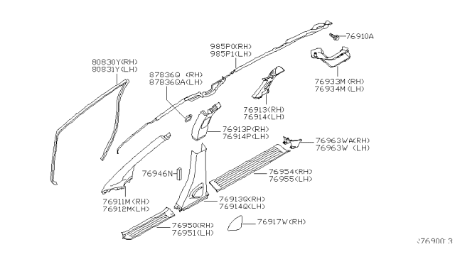 2006 Nissan Quest Garnish-Center Pillar,Upper RH Diagram for 76913-ZM70C