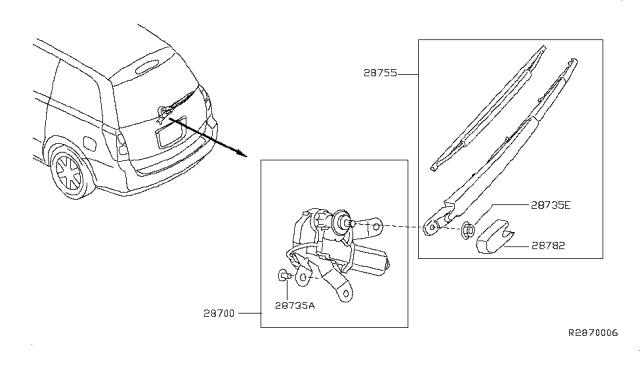 2008 Nissan Quest Rear Window Wiper Arm Assembly Diagram for 28780-ZM00A