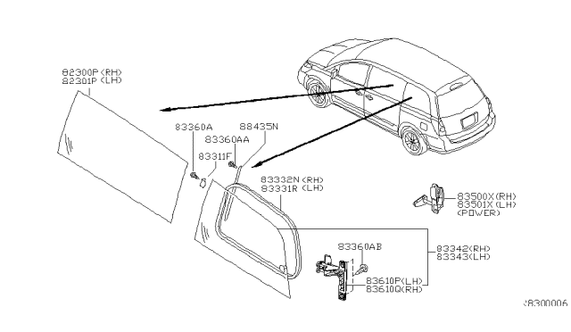 2005 Nissan Quest Glass-Side Window,2ND LH Diagram for 83341-ZF00A