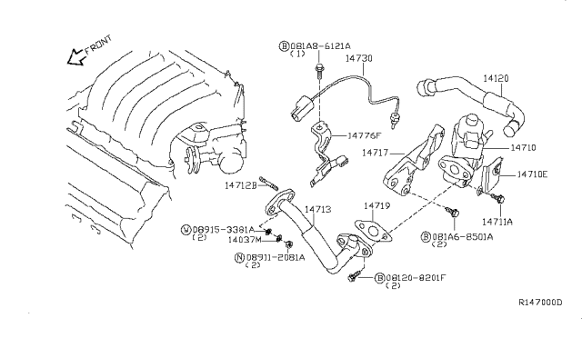 2008 Nissan Quest EGR Guide Tube Diagram for 14713-7Y000