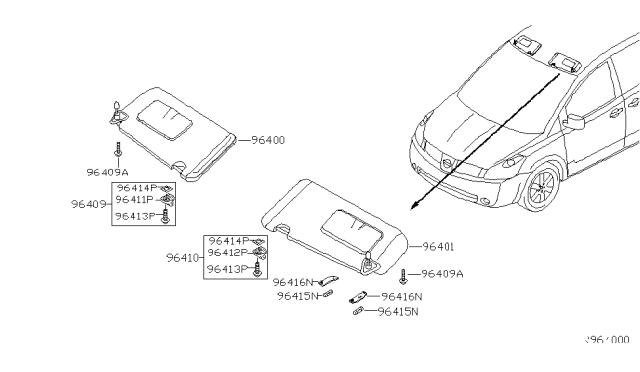 2004 Nissan Quest Right Sun Visor Assembly Diagram for 96400-5Z201