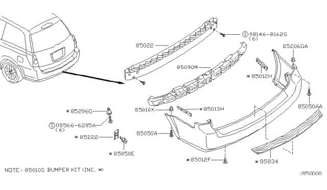 2006 Nissan Quest Rear Bumper Cover Diagram for 85022-5Z225