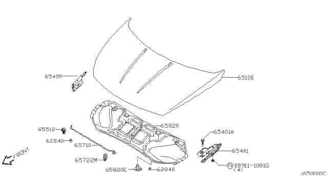 2006 Nissan Quest Hood Assembly Diagram for 65100-5Z030