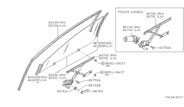 1988 Nissan 200SX Regulator Door Window LH Diagram for 80701-03F00