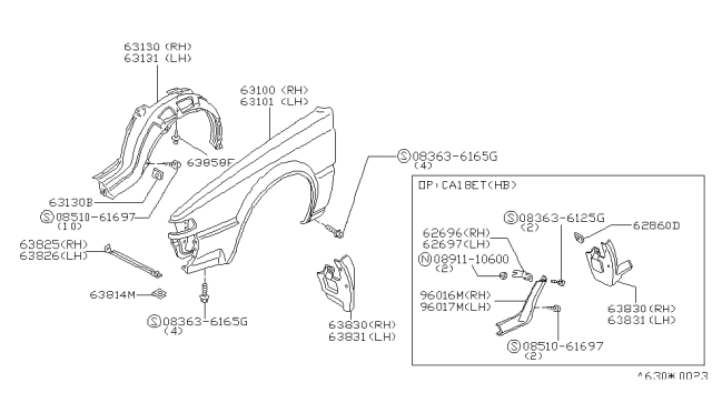 1987 Nissan 200SX Mud Guard Set-Front Fender, Right Diagram for 63850-18F00