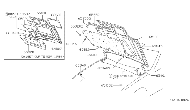 1986 Nissan 200SX HING Hood RH Diagram for 65400-01F01