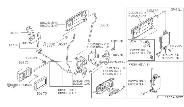 1988 Nissan 200SX Front Door Lock & Handle Diagram