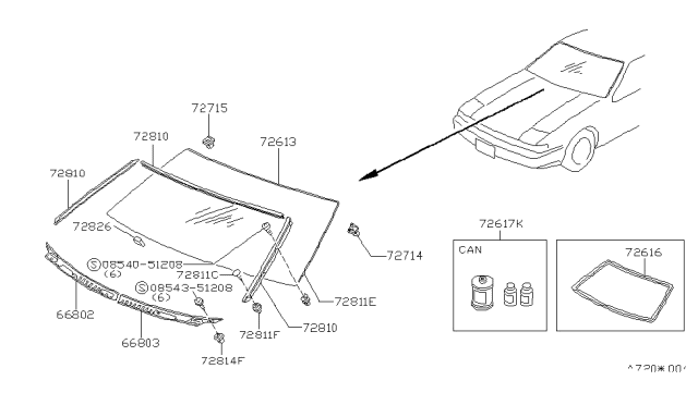 1986 Nissan 200SX Front Windshield Glass Diagram for 72700-32F01