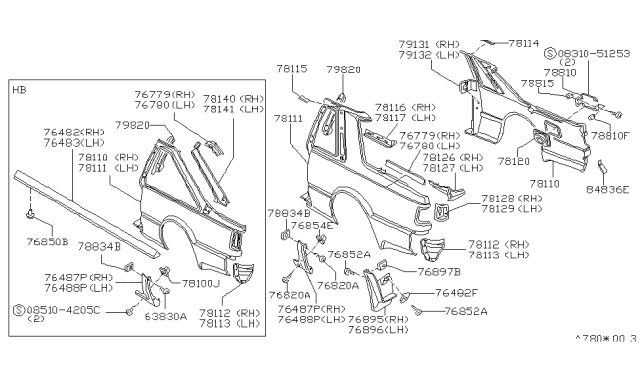 1985 Nissan 200SX Mud Guard Rear RH Diagram for 76880-18F00