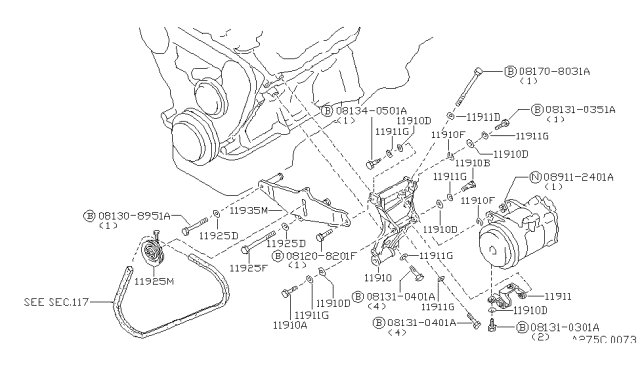 1987 Nissan 200SX PULLEY Assembly-IDLER Compressor Diagram for 11925-F6100