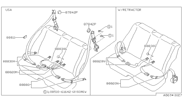 1986 Nissan 200SX Rear Seat Belt Set, 2Point Diagram for 88820-01F02