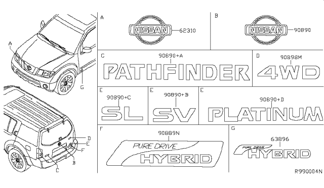 2014 Nissan Pathfinder Front Emblem Diagram for 62890-3KA0A