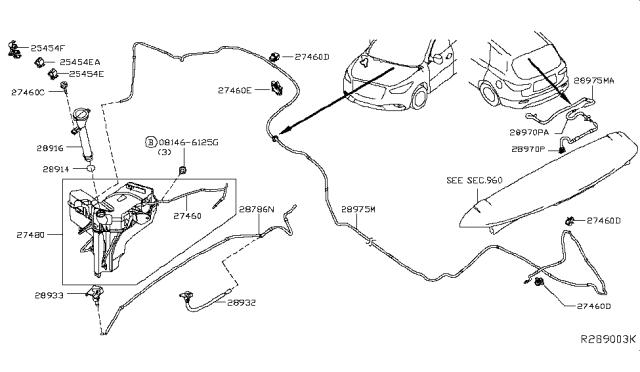 2014 Nissan Pathfinder Back Window Washer Nozzle Assembly Diagram for 28970-3JA0A