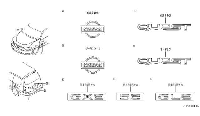 2002 Nissan Quest Rear Emblem Diagram for 90896-7B300