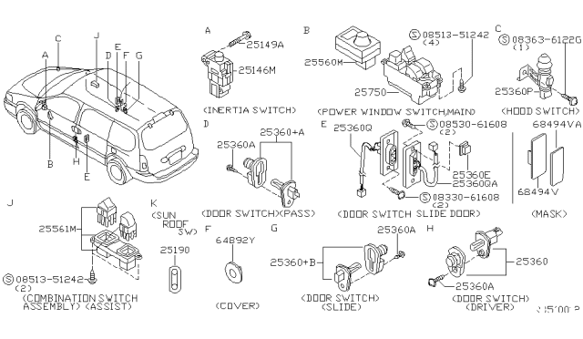 1999 Nissan Quest Switch Assy-Door Diagram for 25140-7B305