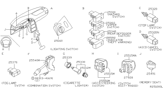 2003 Nissan Quest Switch Assy-Wiper Diagram for 25260-7B002