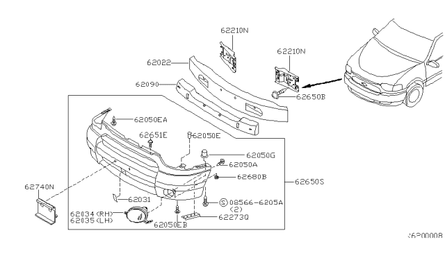 2000 Nissan Quest Front Bumper Cover Assembly Diagram for 62022-7B225