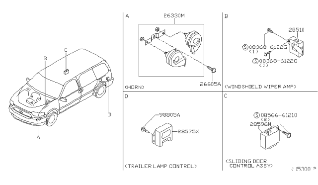 1999 Nissan Quest Horn And Bracket Assembly Diagram for 25605-7B000