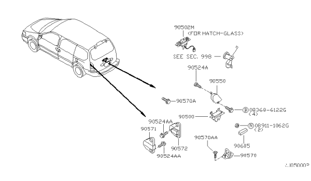 2002 Nissan Quest Back Door Lock & Handle Diagram