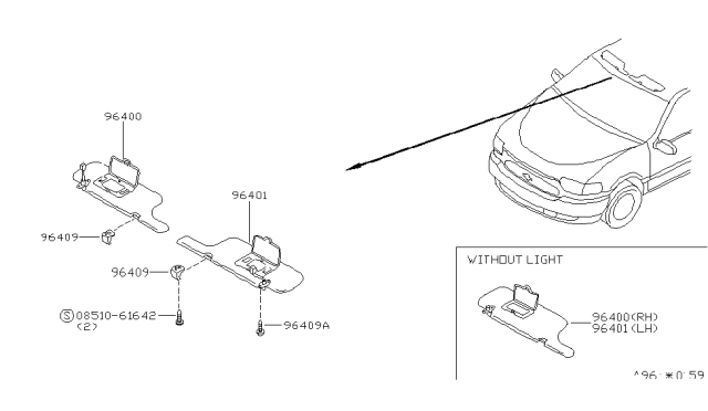 1999 Nissan Quest Left Sun Visor Assembly Diagram for 96401-7B323