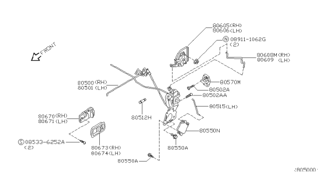 2000 Nissan Quest Front Door Lock & Handle Diagram 2