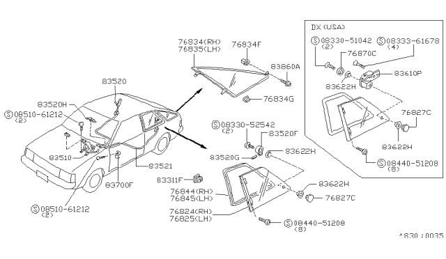 1984 Nissan Sentra Glass Side Window RH Diagram for 83300-21A20