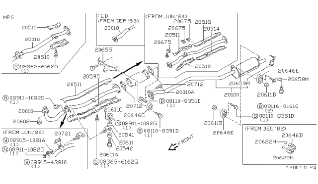 1984 Nissan Sentra Exhaust Muffler Assembly Diagram for 20100-16A00