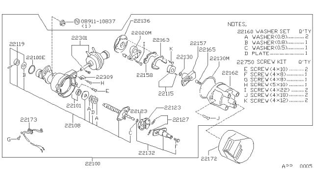 1986 Nissan Sentra Cap Distributor Diagram for 22162-52A01