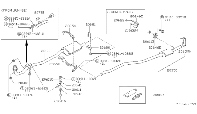 1982 Nissan Sentra Exhaust Tube & Muffler Diagram 1