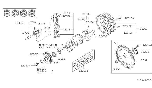 1985 Nissan Sentra Ring Set Piston Diagram for 12038-16A00