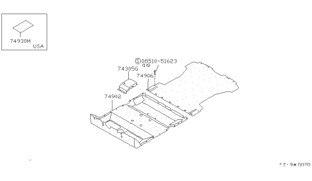 1988 Nissan Stanza Carpet Front Floor Diagram for 74906-29R60