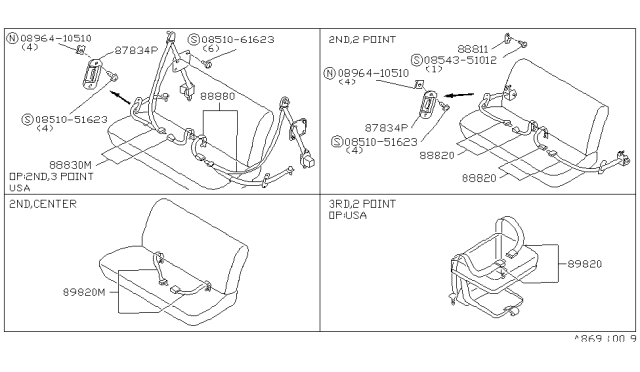 1987 Nissan Stanza Belt Set Center Rear Seat Brown Diagram for 88850-29R10