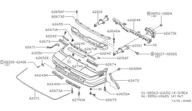 1986 Nissan Stanza Front Bumper Fascia Kit Diagram for 62050-29R30