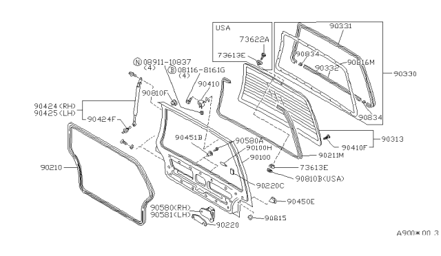 1988 Nissan Stanza Molding Back Door Upper Diagram for 90352-21R00