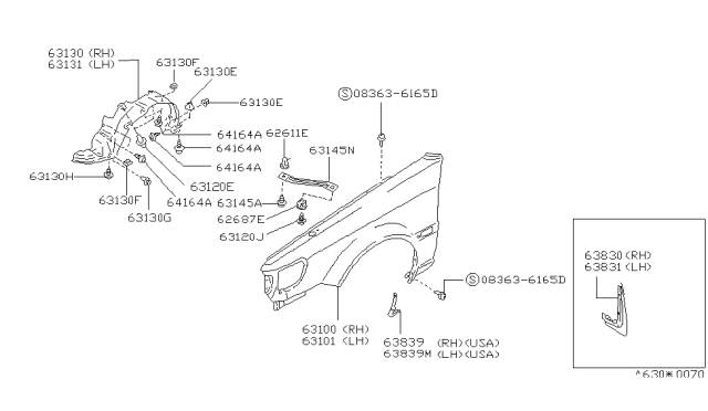 1990 Nissan Stanza Fender-Front,RH Diagram for 63112-65E30