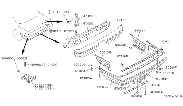 1992 Nissan Stanza Rear Bumper Cover Diagram for 85022-65E26