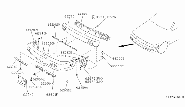 1990 Nissan Stanza Front Bumper Cover Diagram for 62022-65E26