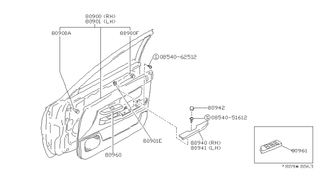 1992 Nissan Stanza Front Door Armrest Right Diagram for 80940-65E03