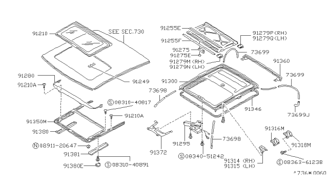 1992 Nissan Stanza Knob-Finisher,Sunroof Diagram for 73688-50A10