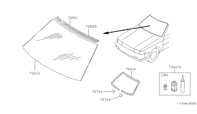 1992 Nissan Stanza Windshield Glass Diagram for 72712-65E00