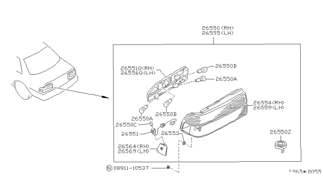 1991 Nissan Stanza Body Assembly-Combination Lamp, No 2 RH Diagram for 26554-65E01