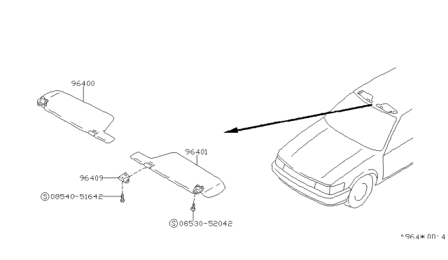 1990 Nissan Stanza Right Sun Visor Assembly Diagram for J6400-65E62