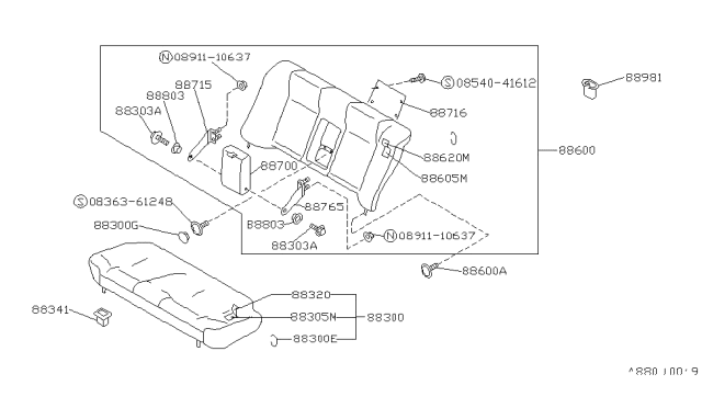 1991 Nissan Stanza Trim Back Seat Rear Diagram for 88620-65E12