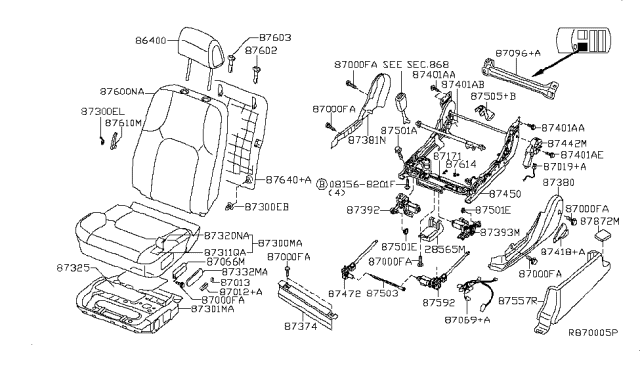 2005 Nissan Pathfinder Knob-Switch,Front Seat Slide R Diagram for 87012-EA100